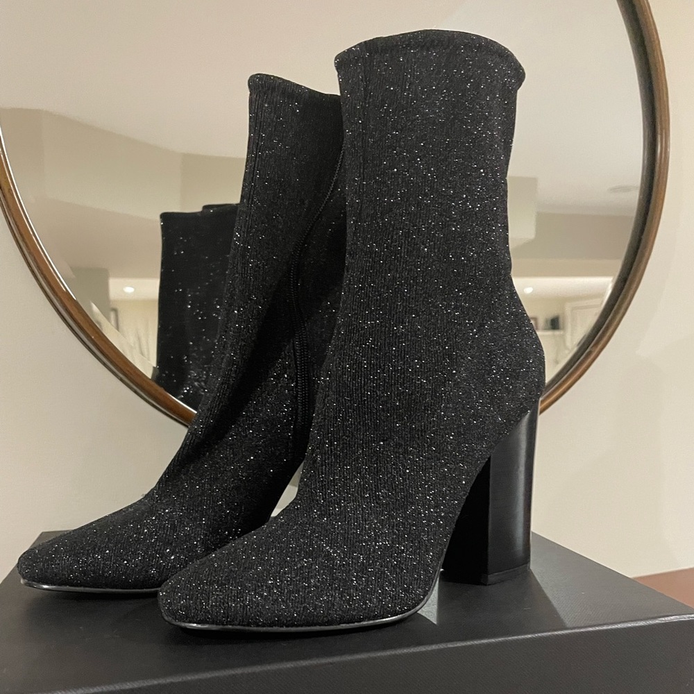 Kendall + Kylie ankle booties. Black sparkle fabric. New in box. Size 8